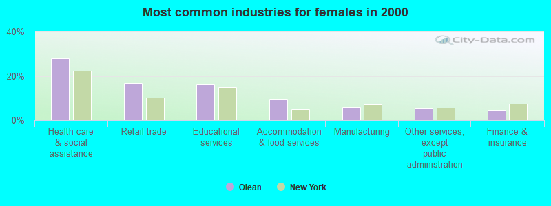 Most common industries for females in 2000