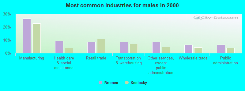 Most common industries for males in 2000