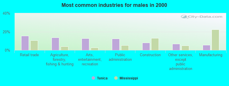 Most common industries for males in 2000