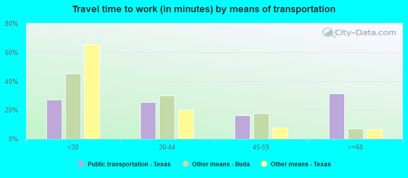 Travel time to work (in minutes) by means of transportation