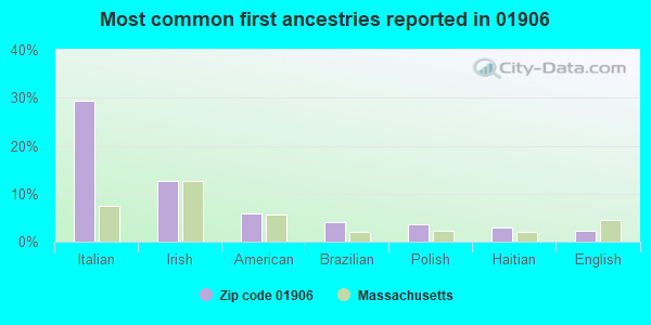 Most common first ancestries reported in 01906