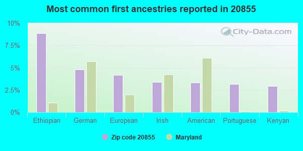 Most common first ancestries reported in 20855
