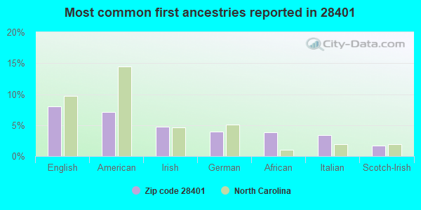 Most common first ancestries reported in 28401