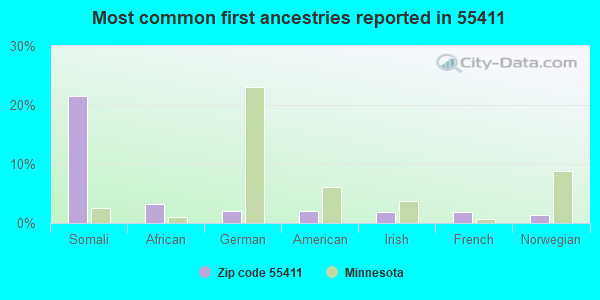 Most common first ancestries reported in 55411