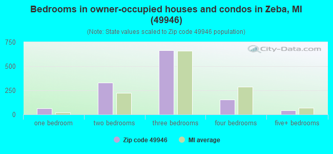 Bedrooms in owner-occupied houses and condos in Zeba, MI (49946) 