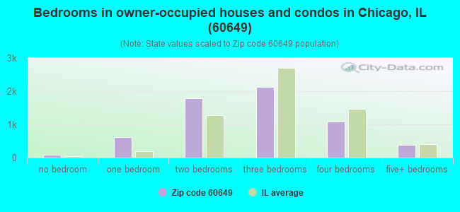 Bedrooms in owner-occupied houses and condos in Chicago, IL (60649) 