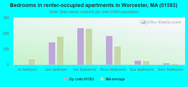 Bedrooms in renter-occupied apartments in Worcester, MA (01583) 