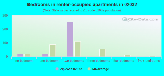 Bedrooms in renter-occupied apartments in 02032 