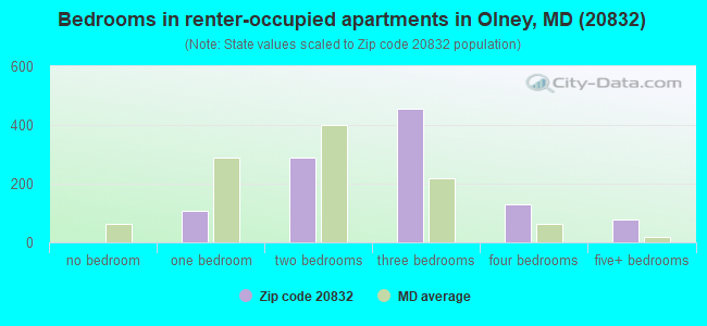 Bedrooms in renter-occupied apartments in Olney, MD (20832) 