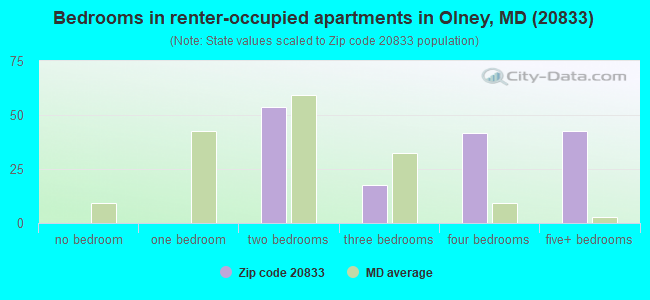Bedrooms in renter-occupied apartments in Olney, MD (20833) 