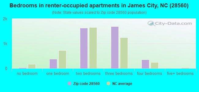 Bedrooms in renter-occupied apartments in James City, NC (28560) 