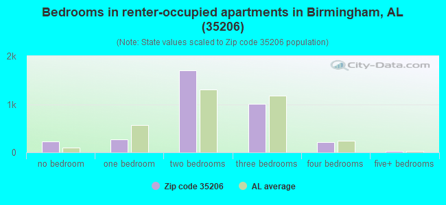 Bedrooms in renter-occupied apartments in Birmingham, AL (35206) 