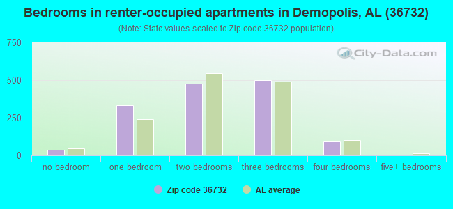 Bedrooms in renter-occupied apartments in Demopolis, AL (36732) 