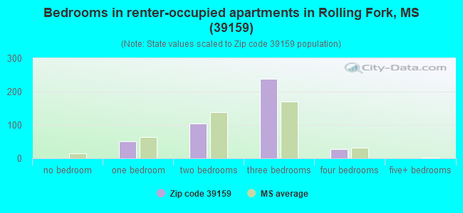 Bedrooms in renter-occupied apartments in Rolling Fork, MS (39159) 