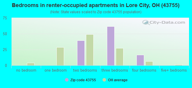Bedrooms in renter-occupied apartments in Lore City, OH (43755) 