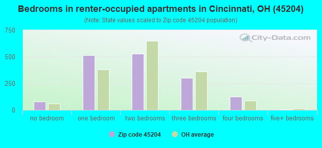 Bedrooms in renter-occupied apartments in Cincinnati, OH (45204) 
