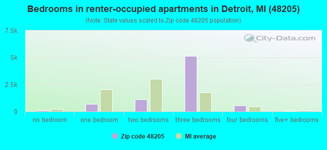 Bedrooms in renter-occupied apartments in Detroit, MI (48205) 