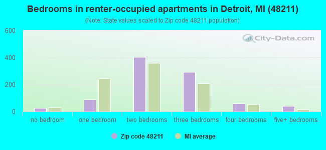 Bedrooms in renter-occupied apartments in Detroit, MI (48211) 