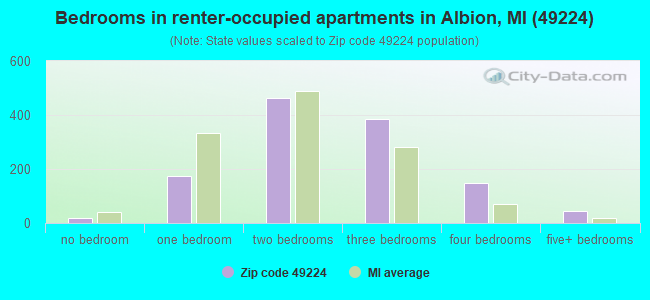 Bedrooms in renter-occupied apartments in Albion, MI (49224) 