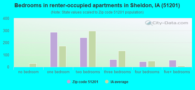 Bedrooms in renter-occupied apartments in Sheldon, IA (51201) 