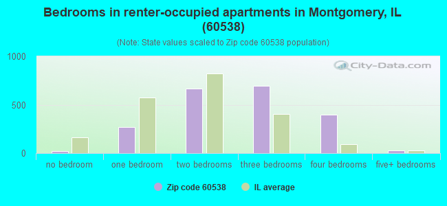 Bedrooms in renter-occupied apartments in Montgomery, IL (60538) 