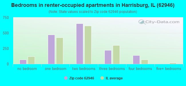 Bedrooms in renter-occupied apartments in Harrisburg, IL (62946) 