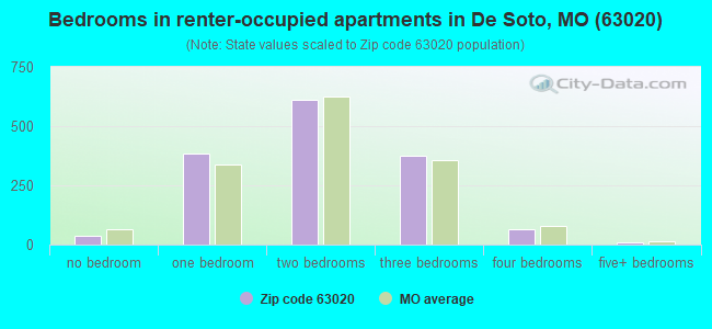 Bedrooms in renter-occupied apartments in De Soto, MO (63020) 