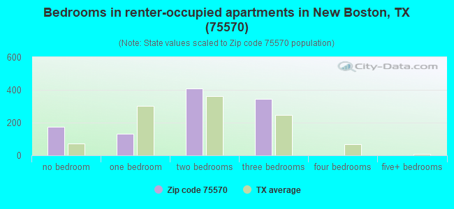 Bedrooms in renter-occupied apartments in New Boston, TX (75570) 