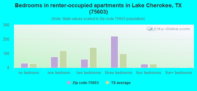 Bedrooms in renter-occupied apartments in Lake Cherokee, TX (75603) 