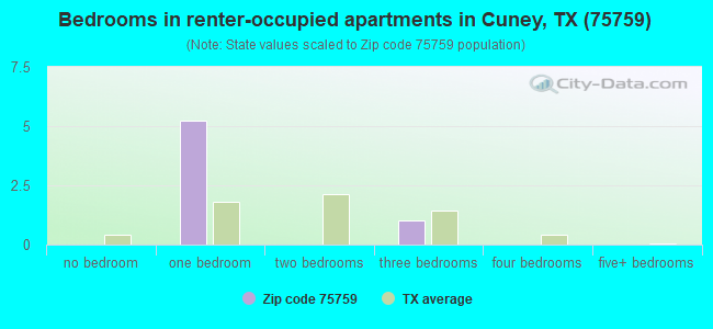 Bedrooms in renter-occupied apartments in Cuney, TX (75759) 