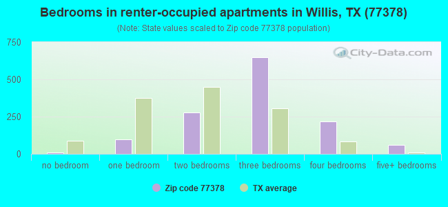 Bedrooms in renter-occupied apartments in Willis, TX (77378) 
