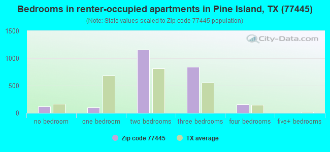 Bedrooms in renter-occupied apartments in Pine Island, TX (77445) 