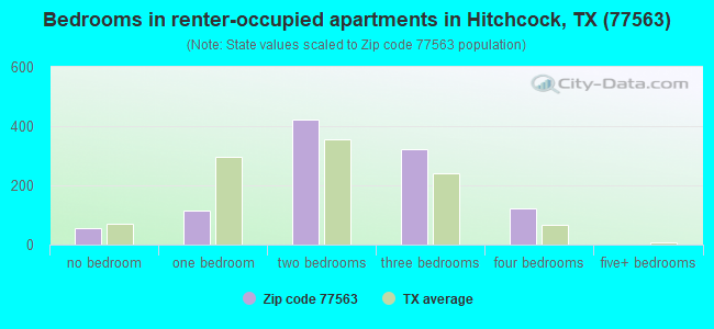 Bedrooms in renter-occupied apartments in Hitchcock, TX (77563) 