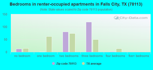 Bedrooms in renter-occupied apartments in Falls City, TX (78113) 
