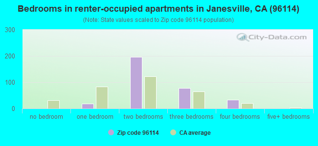 Bedrooms in renter-occupied apartments in Janesville, CA (96114) 