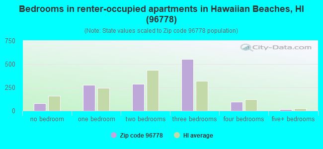 Bedrooms in renter-occupied apartments in Hawaiian Beaches, HI (96778) 