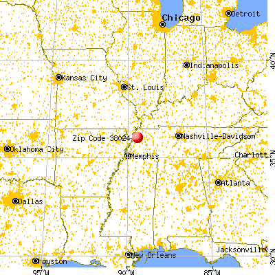 Dyersburg, TN (38024) map from a distance