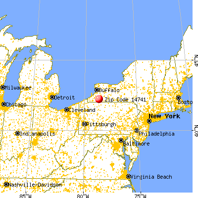 Great Valley, NY (14741) map from a distance