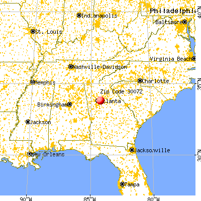 Pine Lake, GA (30072) map from a distance