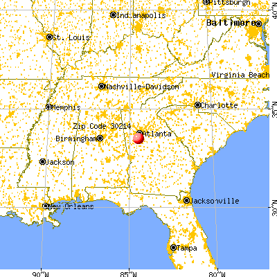 Fayetteville, GA (30214) map from a distance