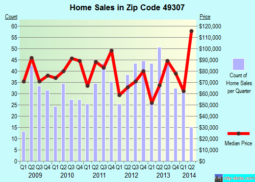 Zip code 49307 (Big Rapids, Michigan) real estate house value trends