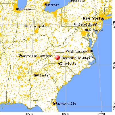 Alexander County, NC map from a distance