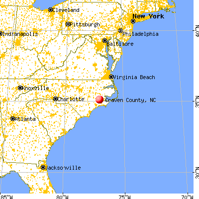 Craven County, NC map from a distance
