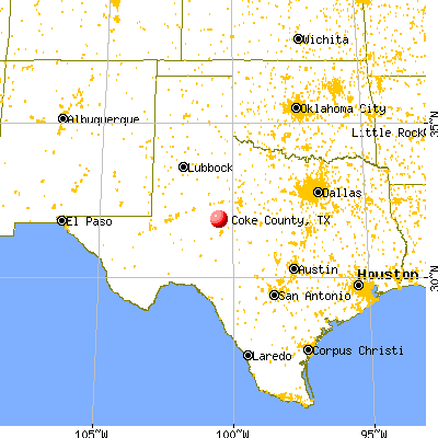 Coke County, TX map from a distance
