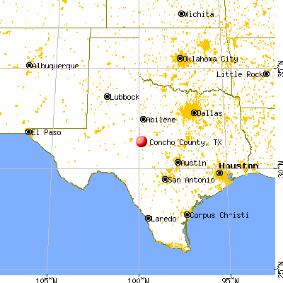 Concho County, TX map from a distance