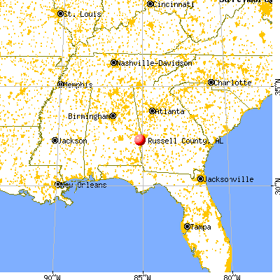 Russell County, AL map from a distance