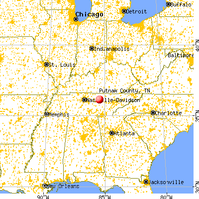 Putnam County, TN map from a distance