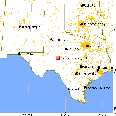 Irion County, TX map from a distance