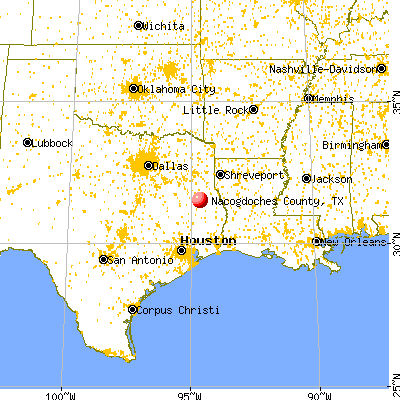 Nacogdoches County, TX map from a distance