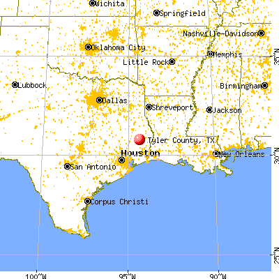 Tyler County, TX map from a distance